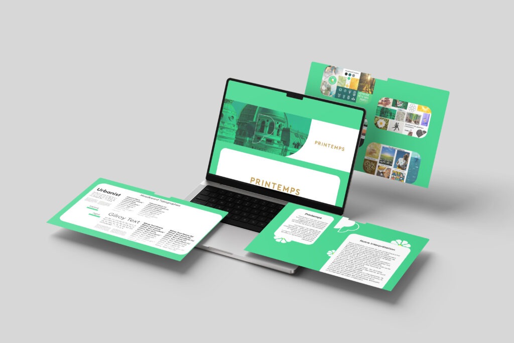 Présentation graphique d’une gamme fictive “Printemps” avec moodboards typographiques et visuels, accompagnée de l’histoire et d’une interprétation en motion design.
